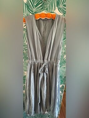 CP Shades Julia Silk-Cotton midi dress V neck tie waist Light Blue Sz M layered
